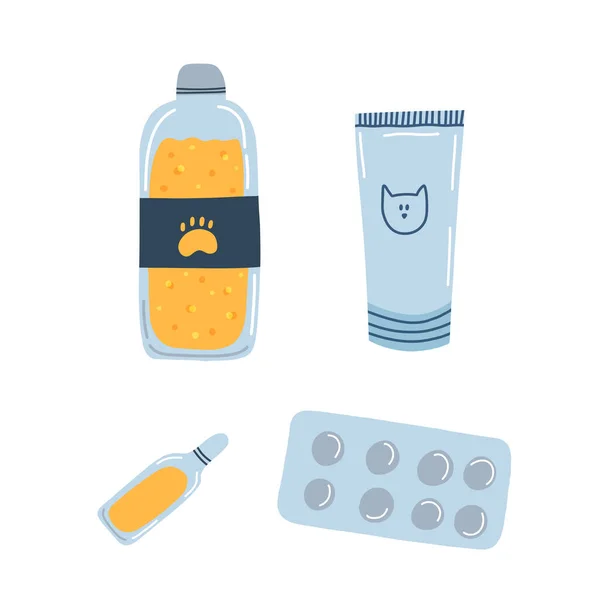 Set di accessori per gatti come shampoo, crema, blister con pillole, fiala in stile cartone animato piatto. Illustrazione vettoriale di articoli per l'igiene animale domestico per un gattino, cucciolo — Vettoriale Stock