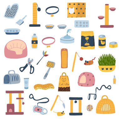 Çizgi film tarzı kedi aksesuarları. Kedi yavruları için mobilyalar, kedi sağlığı malzemeleri, hayvan hijyeni malzemeleri, tımar malzemeleri, beyaz arka planda izole edilmiş yiyecekler.