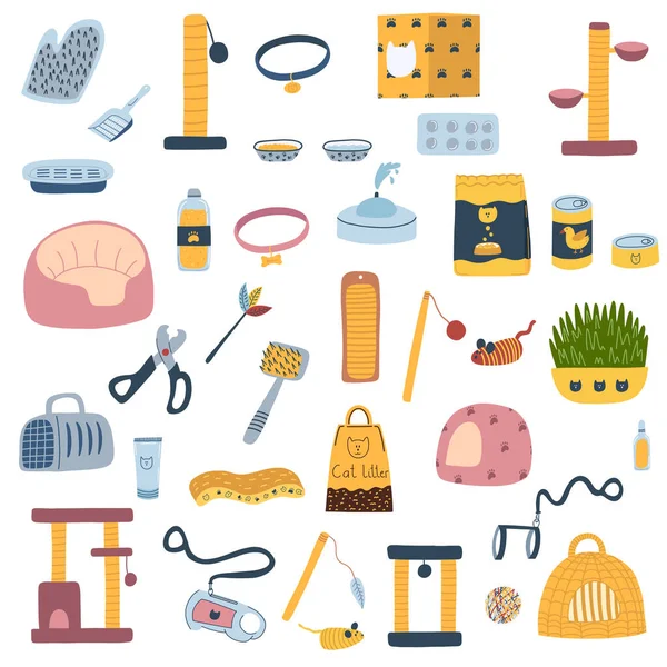 Çizgi film tarzı kedi aksesuarları. Kedi yavruları için mobilyalar, kedi sağlığı malzemeleri, hayvan hijyeni malzemeleri, tımar malzemeleri, beyaz arka planda izole edilmiş yiyecekler.