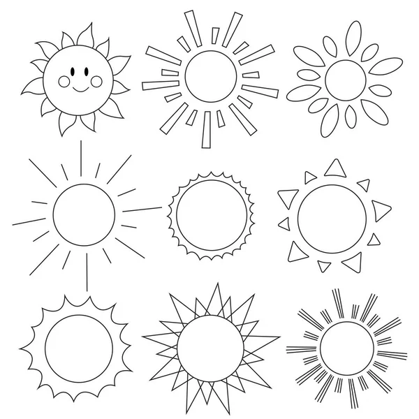 Conjunto de doodle sol desenhos animados. Ilustração da arte da linha do vetor, logotipo, página da coloração das crianças — Vetor de Stock