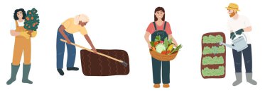 Set of different people in work clothes doing agriculture job. Young farmers enjoy gardering and planting in flat hand drawn style isolated on white background