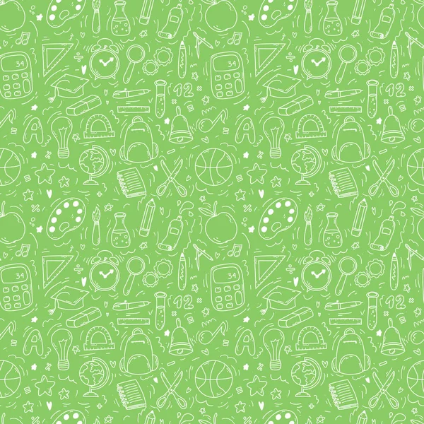 Hand Drawn Doodle Seamless Pattern School Icons Green Background Vector — Vettoriale Stock