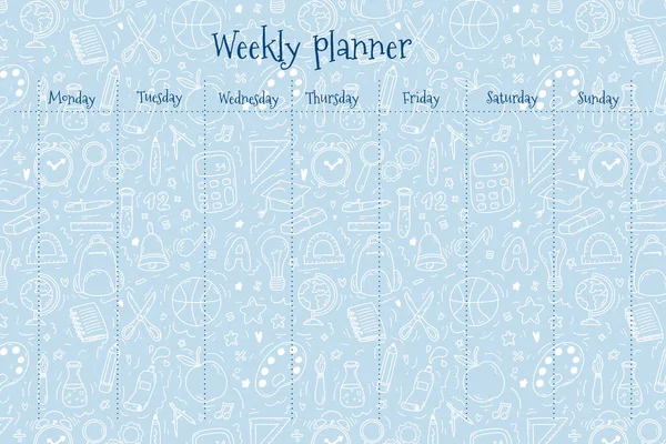 Weekly Planner Kids Doodle Blue Background School Supplies Items Colorful — Vettoriale Stock