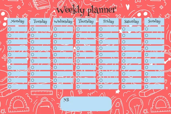 Weekly Planner Kids Doodle Pink Background School Supplies Items Colorful — Vetor de Stock