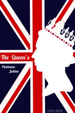 The Queen s Platinum Jubilee celebration. Silhouette profile of Elizabeth in the crown on the British flag background. Vector illustration in vertical format for social networks, banners.