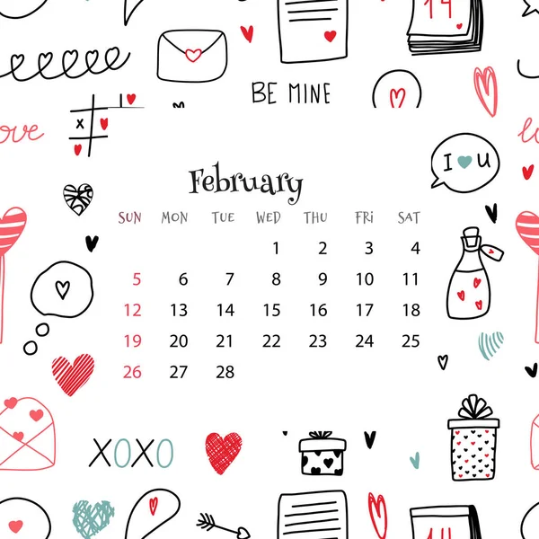 2023 Calendar February Vector Illustration Month Calendar Blue Background Doodles — Vector de stock