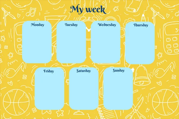 Weekly Planner Kids Doodle Orange Background School Supplies Items Colorful — Vetor de Stock