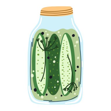 Home made cucumber pickles, canned vegetables in cartoon hand drawn flat style. Vector illustration of glass jar with preserved food. Autumn harvest season, marinated veggies.