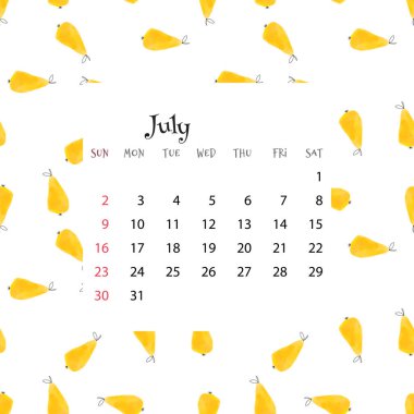 2023 Calendar for July. Vector illustration of month calendar on seamless pattern with pears in cartoon flat style. Colorful backgroud with month grid.