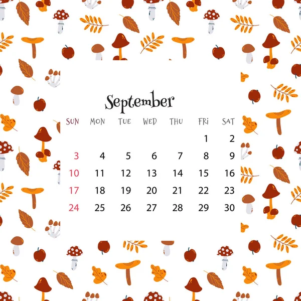 2023 Calendar September Vector Illustration Month Calendar Seamless Pattern Autumn — Stockvector