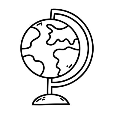 Hand drawn doodle globe icon. Vector sketch illustration of black outline earth sphere, world globe map for print, coloring page, kids design, logo.