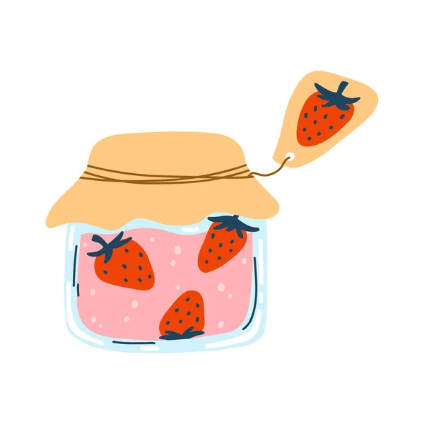 Home Made Strawberry Jam Canned Fruit Cartoon Hand Drawn Flat — Image vectorielle