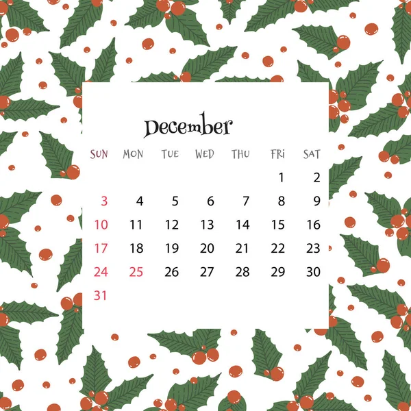 2023 Calendar December Vector Illustration Month Calendar Seamless Pattern Holly — Stockvektor