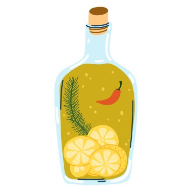 Vector illustration of glass jar with olive oil, herbs, lemons and red hot chili pepper in cartoon flat style. Mediterranean food, healthy eating, oil bottle, ingredients for cooking.
