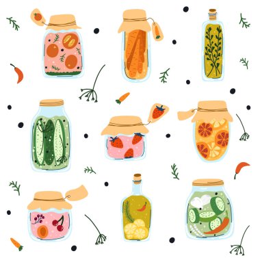 Set of home made pickles, canned fruit and vegetables in cartoon hand drawn flat style. Glass jar with preserved food, compote, marmalade, jam Autumn harvest season, marinated veggies, stewed berries.