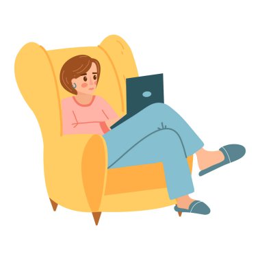 Girl with laptop in yellow armchair in cartoon flat style. Vector illustration of woman working at home, freelancer in comfortable home clothes, female character surfing the internet.