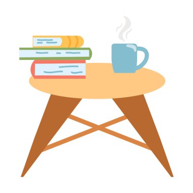 Small table with a stack of books and a cup of coffee or tea in cartoon flat style. vector illustration of interior furniture, cozy home.