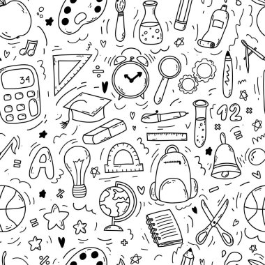 Hand drawn doodle seamless pattern with school icons on white background. Vector illustration of supplies, back to school concept for print, web and textile design, stationery.