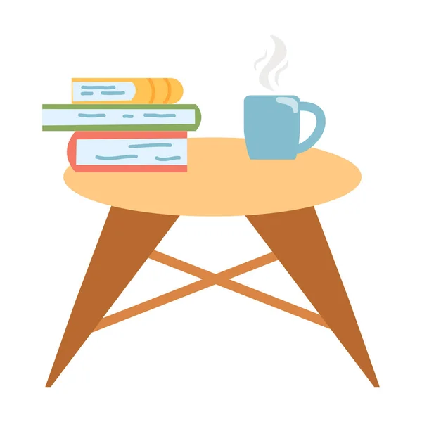 Small Table Stack Books Cup Coffee Tea Cartoon Flat Style — Archivo Imágenes Vectoriales