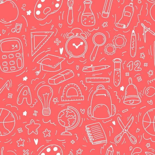 Hand Drawn Doodle Seamless Pattern School Icons Pink Background Vector — Vettoriale Stock