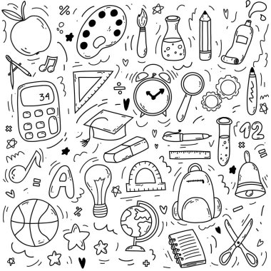 Set of doodle elements associated with school and knowledge. Back to school concept. School supplies as globe, ruler, backpack, pen, paints.