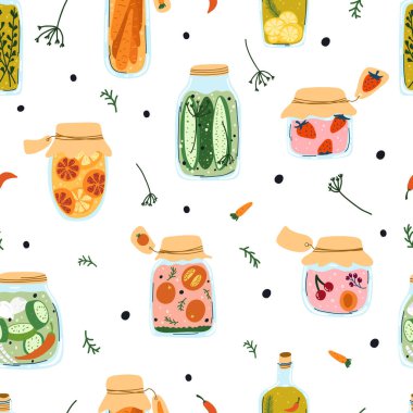 Semless pattern with home made pickles, canned fruit and vegetables in cartoon hand drawn flat style. Glass jar with preserved food, compote, marmalade, jam Autumn harvest season, marinated veggies, stewed berries.