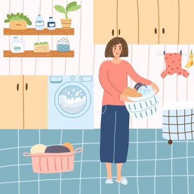 Happy woman in laundry with basket full of clothes in cartoon flat style. Vector illustration of girl in bathroom interior doing housework, female housekeeper character.