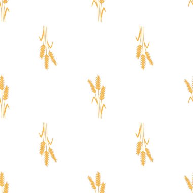 Seamless pattern with spikelets and grains of wheat on white background. Vector cartoon flat illustration for backery packaging, flour production, agriculture, harvest design.