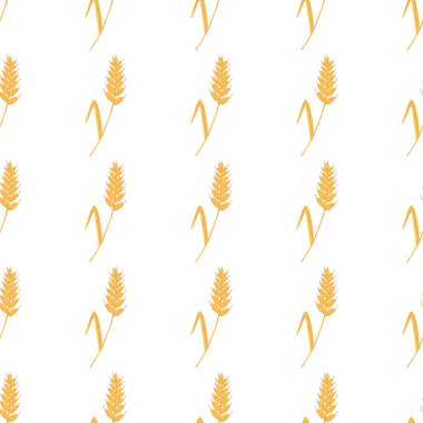Seamless pattern with spikelets and grains of wheat on white background. Vector cartoon flat illustration for backery packaging, flour production, agriculture, harvest design.