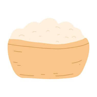 Flour in wooden bowl in cartoon flat style. Vector illustration of organic healthy food, baking ingredients.