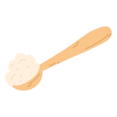 Wooden spoon with flour in hand drawn flat style. Vector illustration of cereals, sugar, powder, coconut flakes.