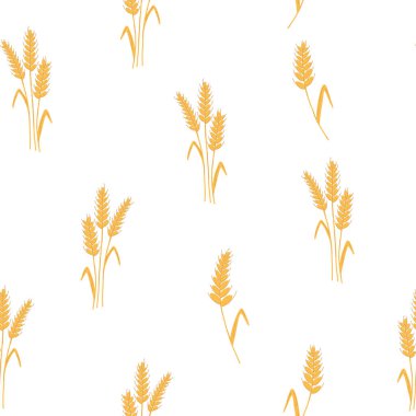 Seamless pattern with spikelets and grains of wheat on white background. Vector cartoon flat illustration for backery packaging, flour production, agriculture, harvest design.
