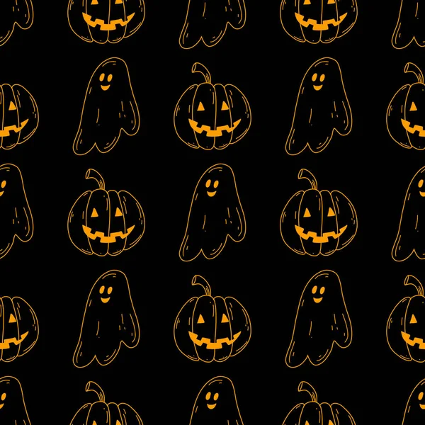 Halloween Zökkenőmentes Minta Firka Szellem Tök Neon Színek Fekete Háttér — Stock Vector