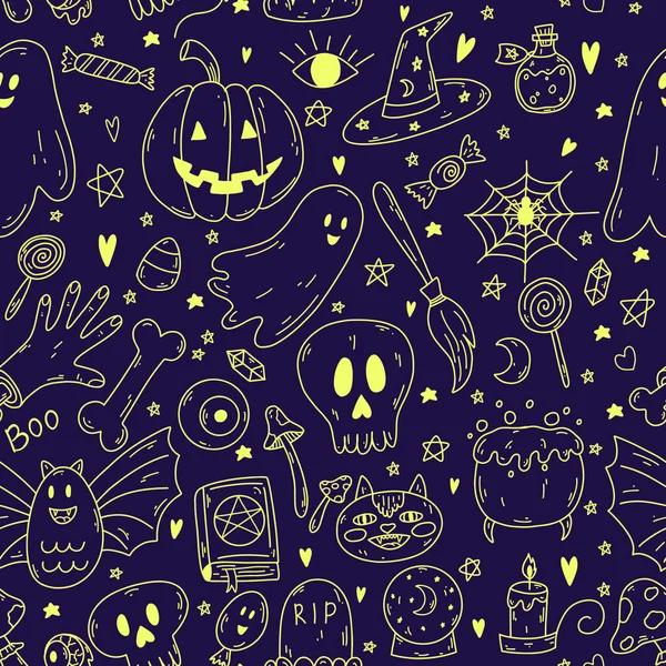 Seamless Pattern Doodle Cartoon Halloween Objects Yellow Neon Color Violet — Stock Vector