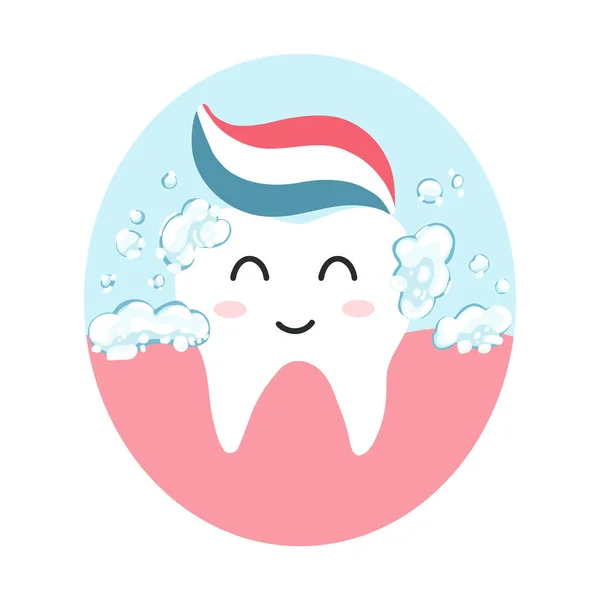 Roztomilý Šťastný Zub Zubní Pastou Kresleném Plochém Stylu Vektorová Ilustrace — Stockový vektor