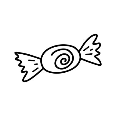 El çizimi şekerler. Şekerlemelerin çizgi film ögesi, vektör çizimi çizimi, web tasarımı için satır sanatı, simge, baskı, boyama sayfası.