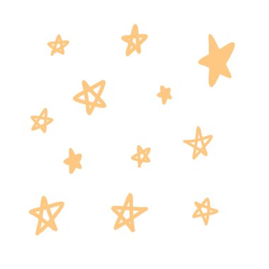 El çizimi karalama yıldızları. Gece gökyüzü elementlerinin vektör illüstrasyonu, baskılar için göksel set, ambalaj kağıdı, kumaş, kartlar, posterler, çıkartmalar, afişler.