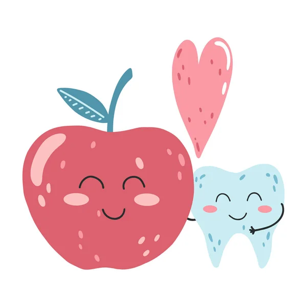 Hand Gezeichnet Niedlich Glücklich Kawaii Zahn Charakter Mit Apfel Und — Stockvektor