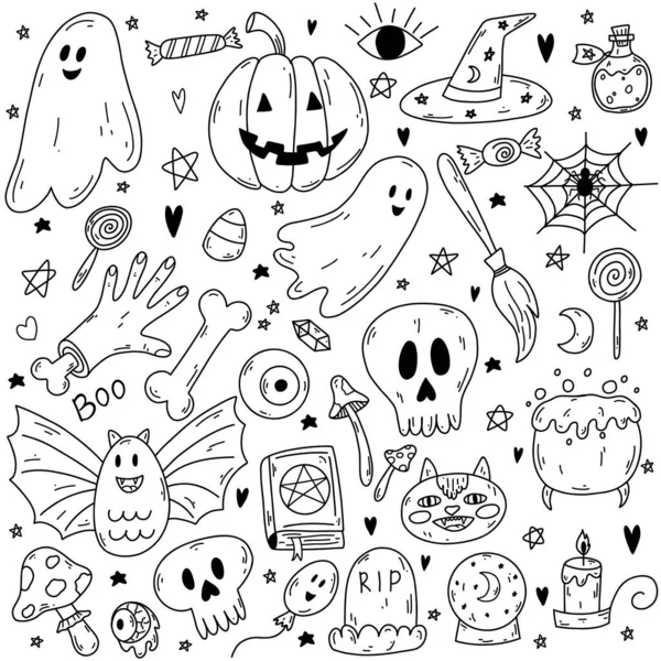 Kézzel Rajzolt Firka Vektor Rajzfilm Készlet Halloween Tárgyak Szimbólumok Szellem — Stock Vector