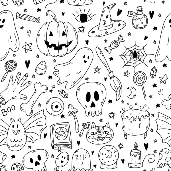 Patrón Sin Costuras Con Dibujos Animados Garabatos Objetos Halloween Color — Archivo Imágenes Vectoriales