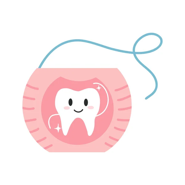 Handgezeichnete Zahnseide Mit Niedlichen Cartoon Zahnfigur Flache Vektordarstellung Der Zahnärztlichen — Stockvektor
