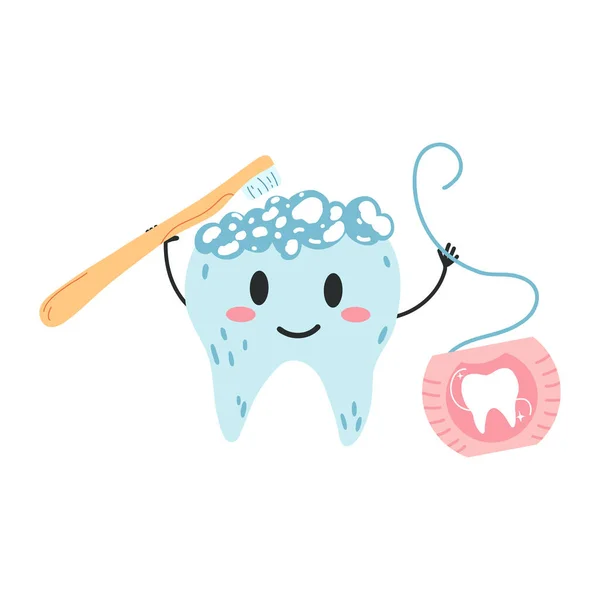 Hand Drawn Kawaii Tooth Character Toothbrush Floss Cartoon Flat Style — Stock Vector