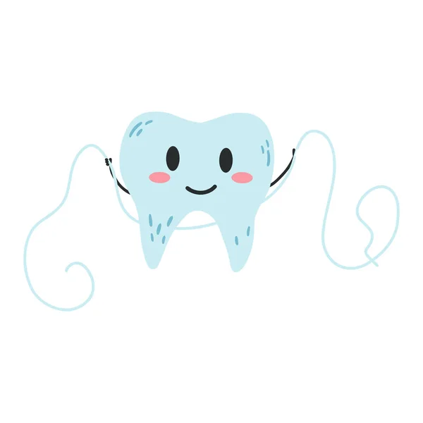 Hand Drawn Kawaii Tooth Character Using Dental Floss Cartoon Flat — Stock Vector
