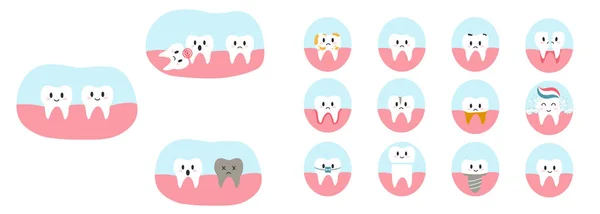 卡通片风格的一组牙齿字符 各种牙科疾病和牙齿状况的病媒图解 植入物 智齿小册子 牙科诊所 标志等 — 图库矢量图片
