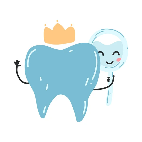 Diente Kawaii Dibujado Mano Espejo Ilustración Vectorial Dientes Sanos Limpios — Vector de stock