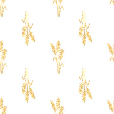Dikenli dikensiz desen ve beyaz arka planda buğday taneleri. Sırt çantası, un üretimi, tarım, hasat tasarımı için vektör çizimi.
