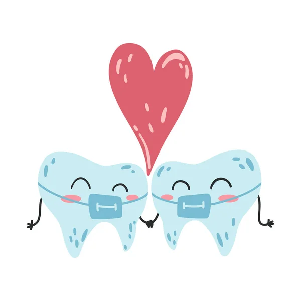 Hand Drawn Kawaii Tooth Couple Braces Flat Cartoon Vector Illustration — Stock Vector