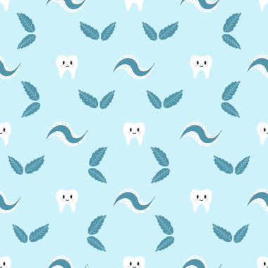 Güzel kawaii dişleri olan kusursuz bir desen. Kağıt, kumaş baskısı, kapak, kart ve web tasarımı için mavi arkaplandaki çizgi film dişlerinin vektör çizimi.