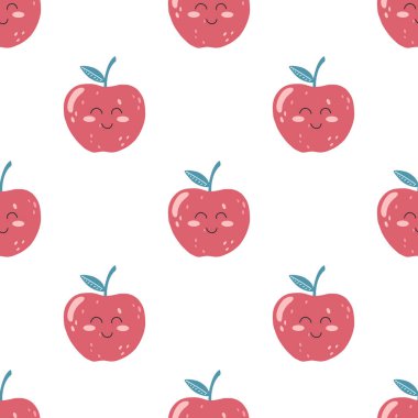 Şirin elma kawaii meyvesi ve düz stil gülen yüzlü kusursuz desenler. Paket kağıdı, kumaş baskısı, kapak, kart tasarımı için çocuk karikatür arka planının el çizimi vektör çizimi.