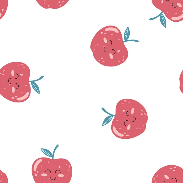 Seamless Pattern Cute Apple Kawaii Fruit Happy Face Flat Style — Stock Vector